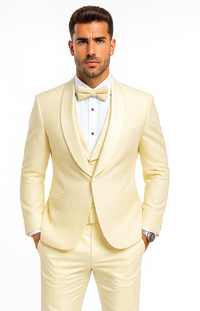 Ivory Groom Tuxedo with Floral Lace Vest - Luxury Men's Wedding Attire