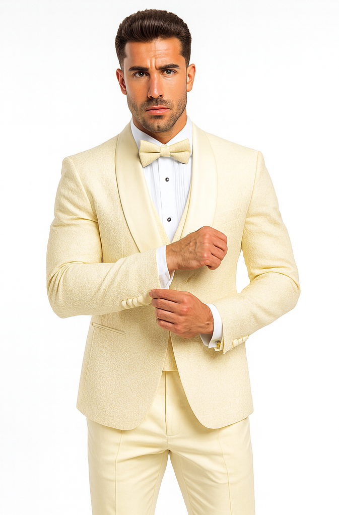 Ivory Groom Tuxedo with Floral Lace Vest - Luxury Men's Wedding Attire