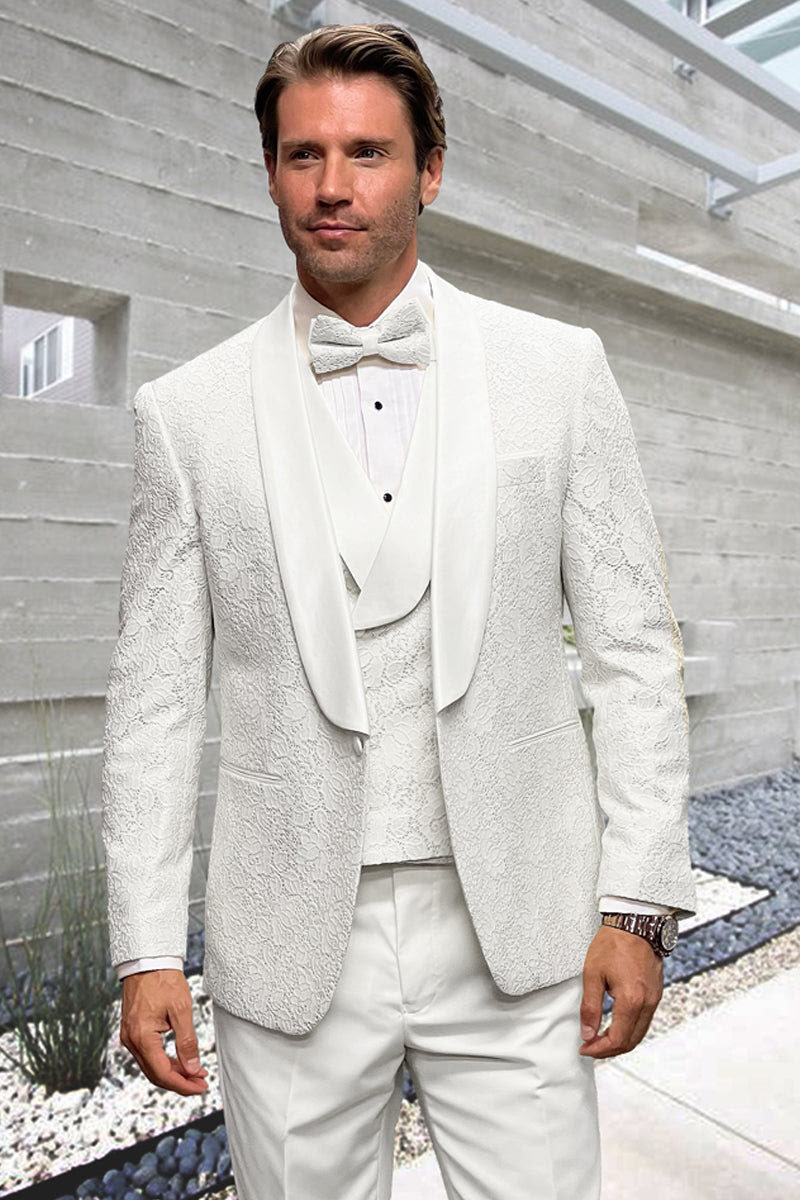 White Groom Tuxedo with Floral Lace Vest – Luxury Men’s Wedding Attire