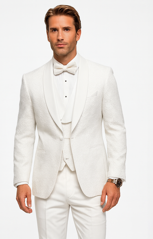 White Groom Tuxedo with Floral Lace Vest – Luxury Men’s Wedding Attire