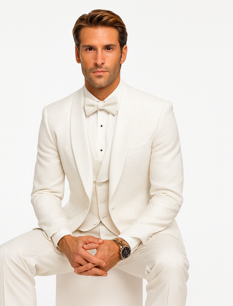 White Groom Tuxedo with Floral Lace Vest – Luxury Men’s Wedding Attire