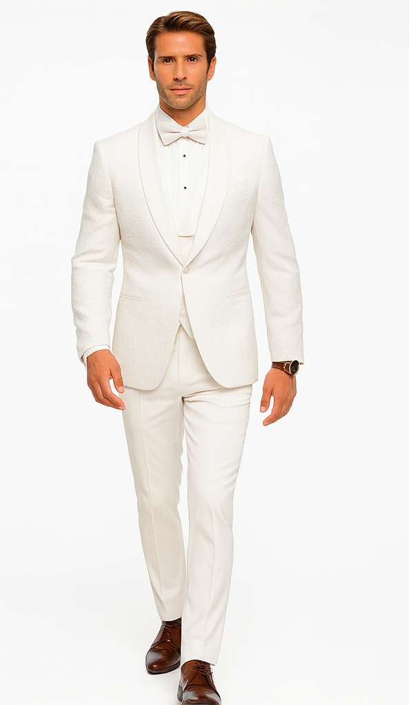 White Groom Tuxedo with Floral Lace Vest  Luxury Mens Wedding Attire