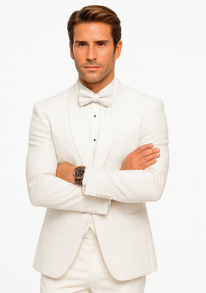 White Groom Tuxedo with Floral Lace Vest  Luxury Mens Wedding Attire