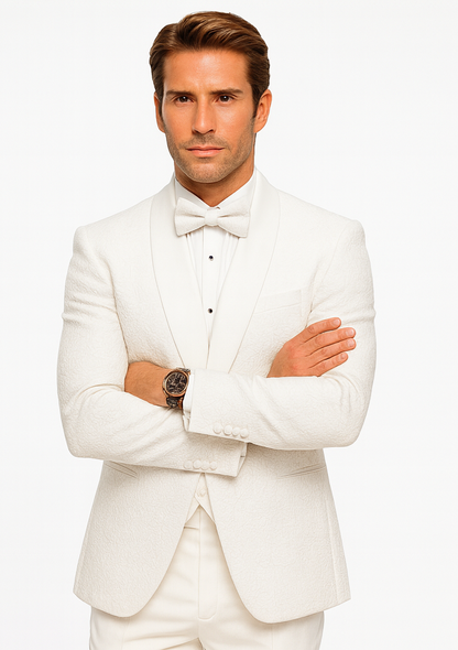 White Groom Tuxedo with Floral Lace Vest  Luxury Mens Wedding Attire