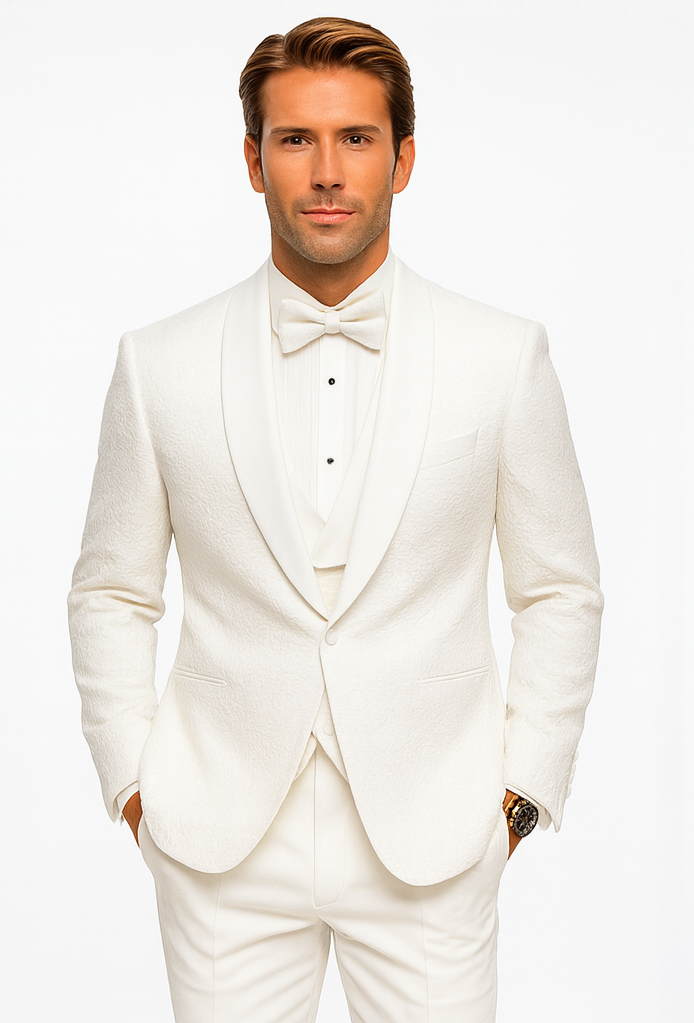 White Groom Tuxedo with Floral Lace Vest – Luxury Men’s Wedding Attire