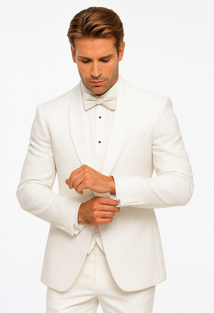 White Groom Tuxedo with Floral Lace Vest – Luxury Men’s Wedding Attire