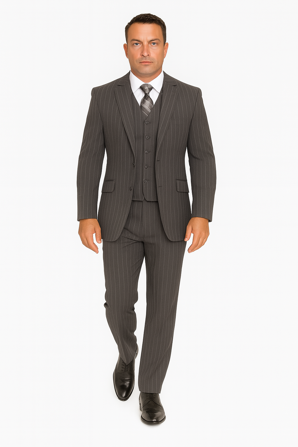 Mens Modern Fit Venetian Gatsby Suit – Charcoal Pinstripe with Vest - Banker Stripe