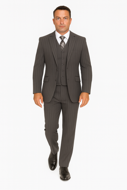 Mens Modern Fit Venetian Gatsby Suit  Charcoal Pinstripe with Vest - Banker Stripe