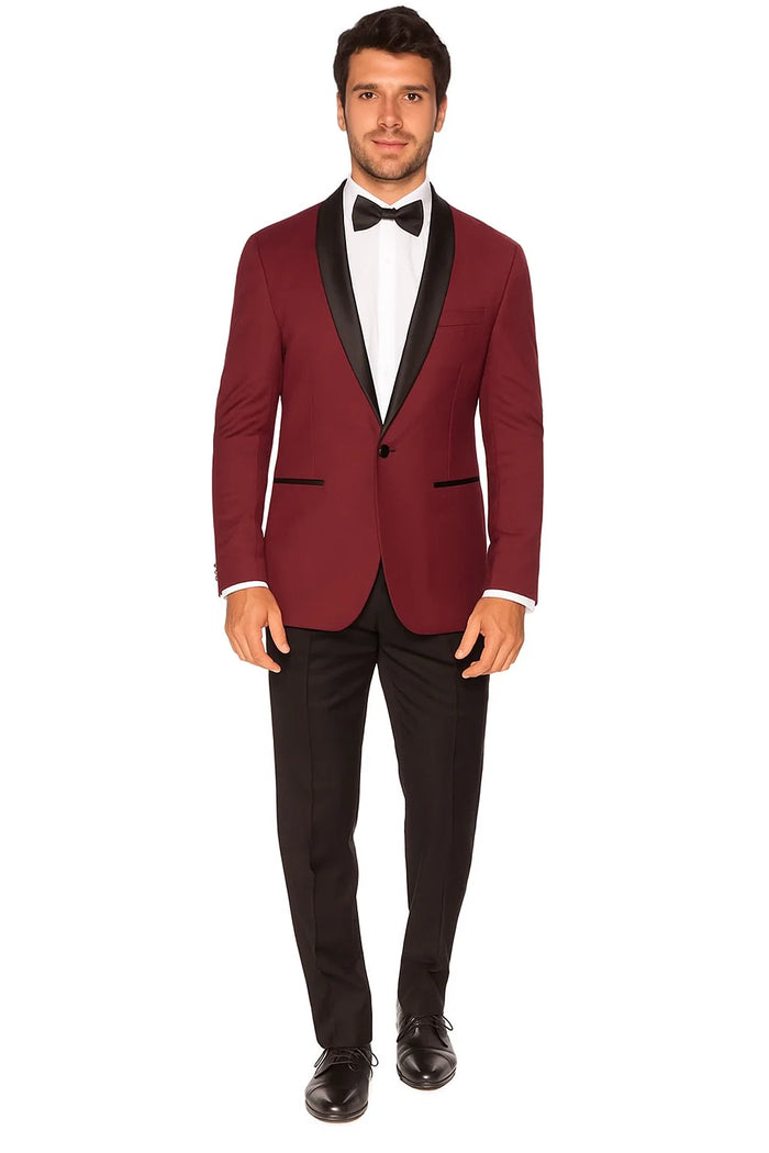 Mens Slim Fit 1 Button Shawl Dinner Jacket in Burgundy