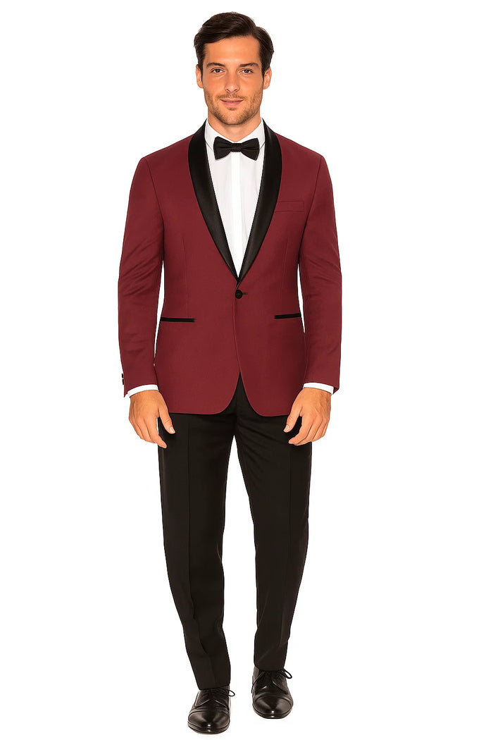 Mens Slim Fit 1 Button Shawl Dinner Jacket in Burgundy