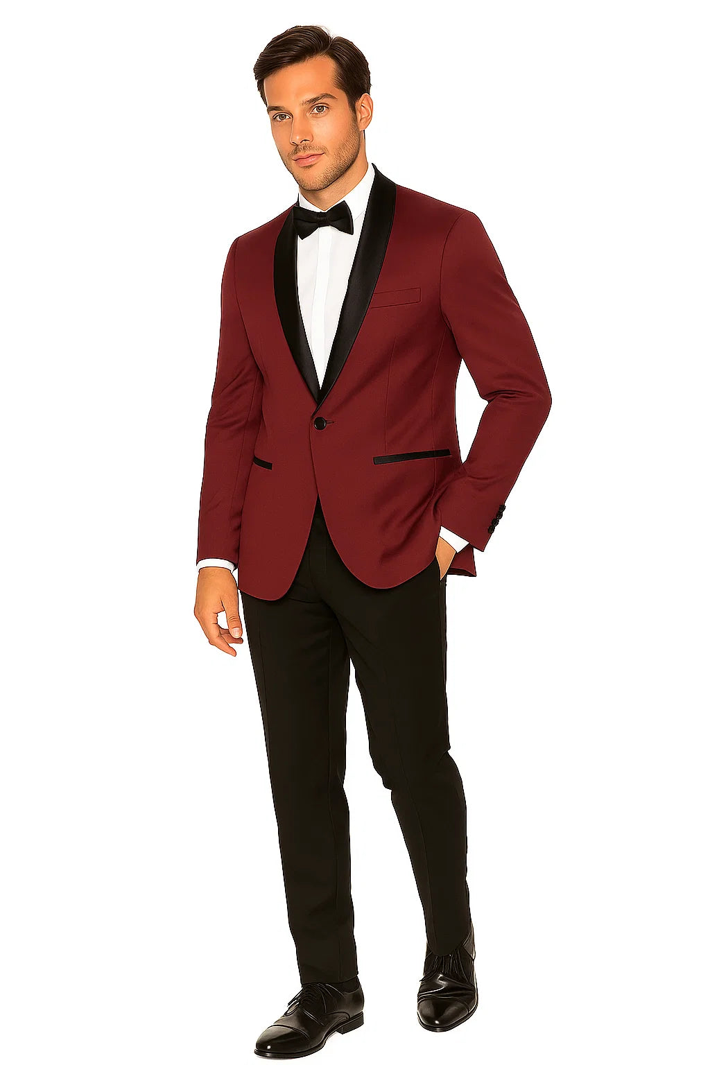 Mens Slim Fit 1 Button Shawl Dinner Jacket in Burgundy
