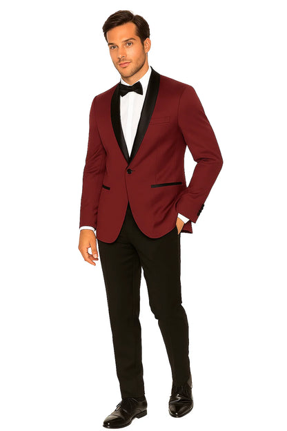 Mens Slim Fit 1 Button Shawl Dinner Jacket in Burgundy