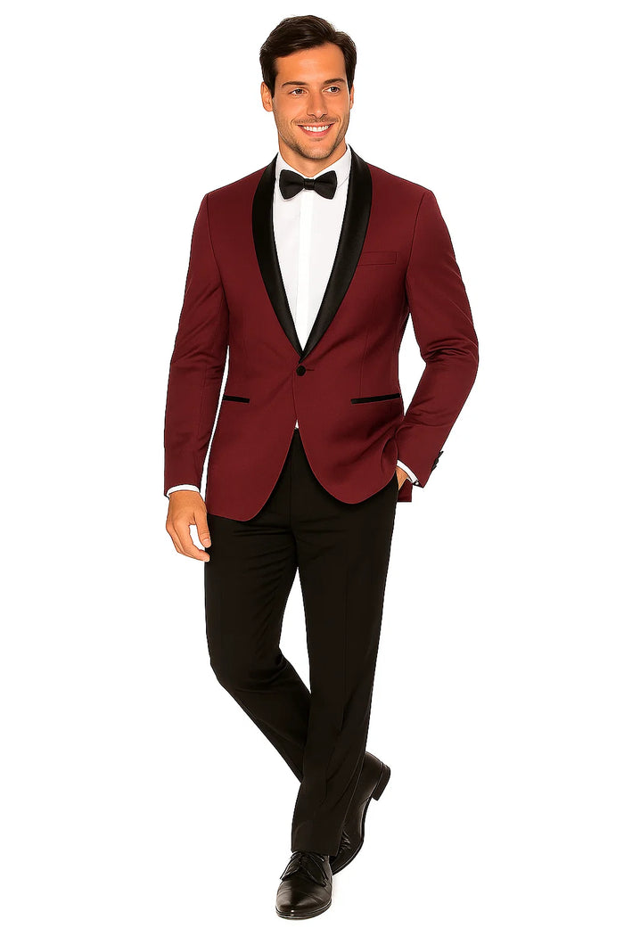 Mens Slim Fit 1 Button Shawl Dinner Jacket in Burgundy