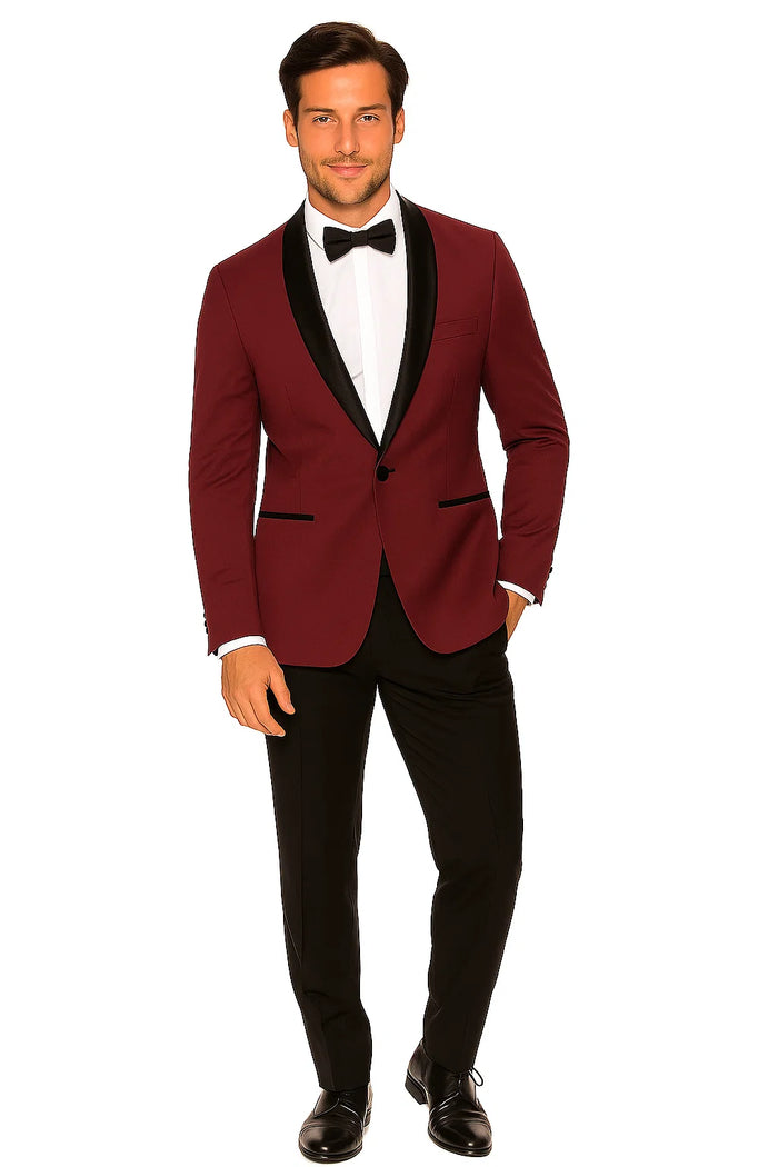 Mens Slim Fit 1 Button Shawl Dinner Jacket in Burgundy