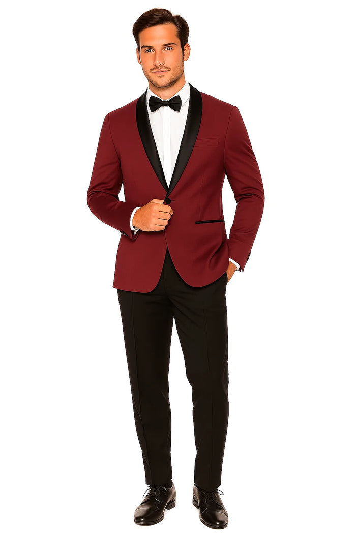 Mens Slim Fit 1 Button Shawl Dinner Jacket in Burgundy