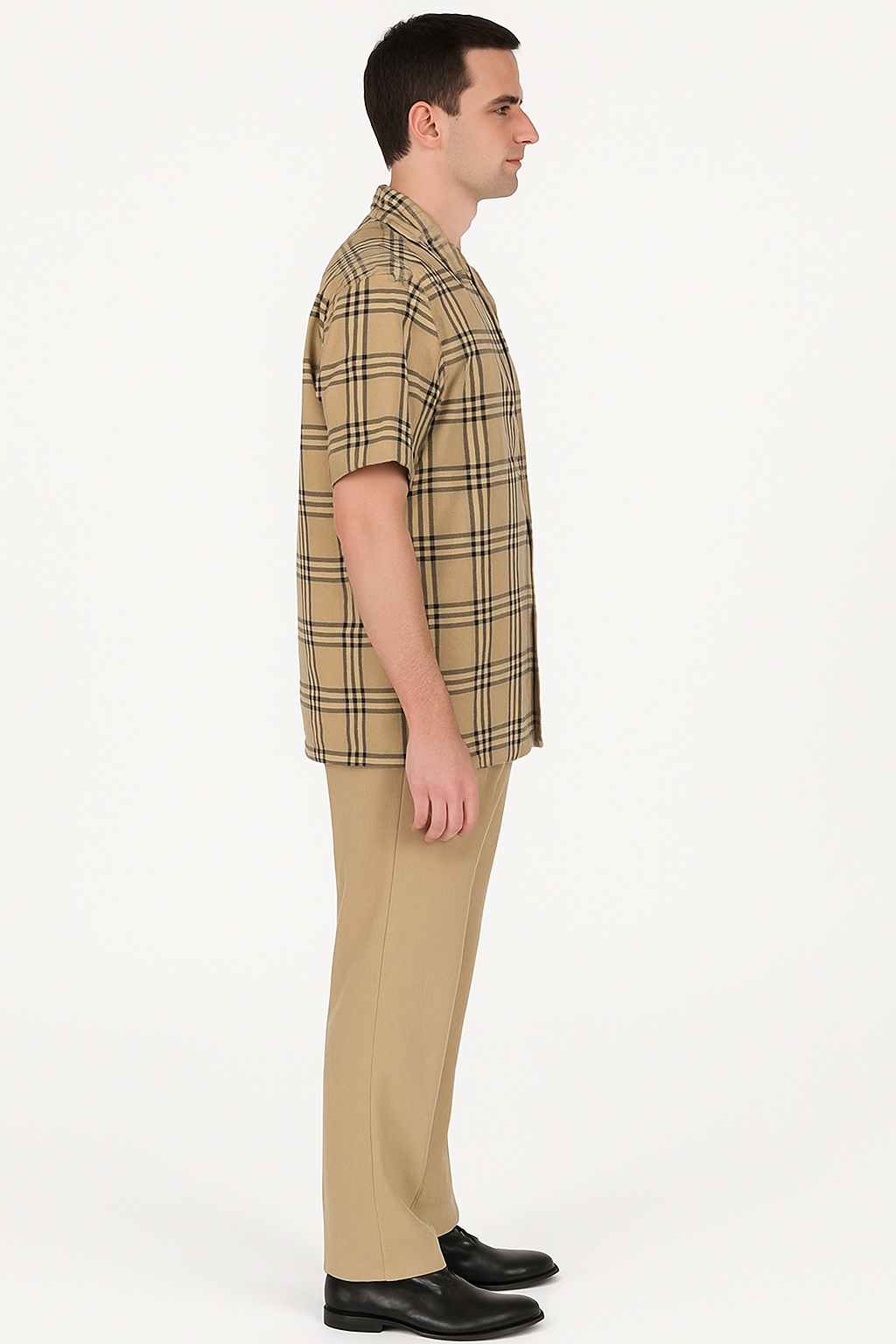 Classic Beige Plaid Short Sleeve Button-Up Shirt for Men