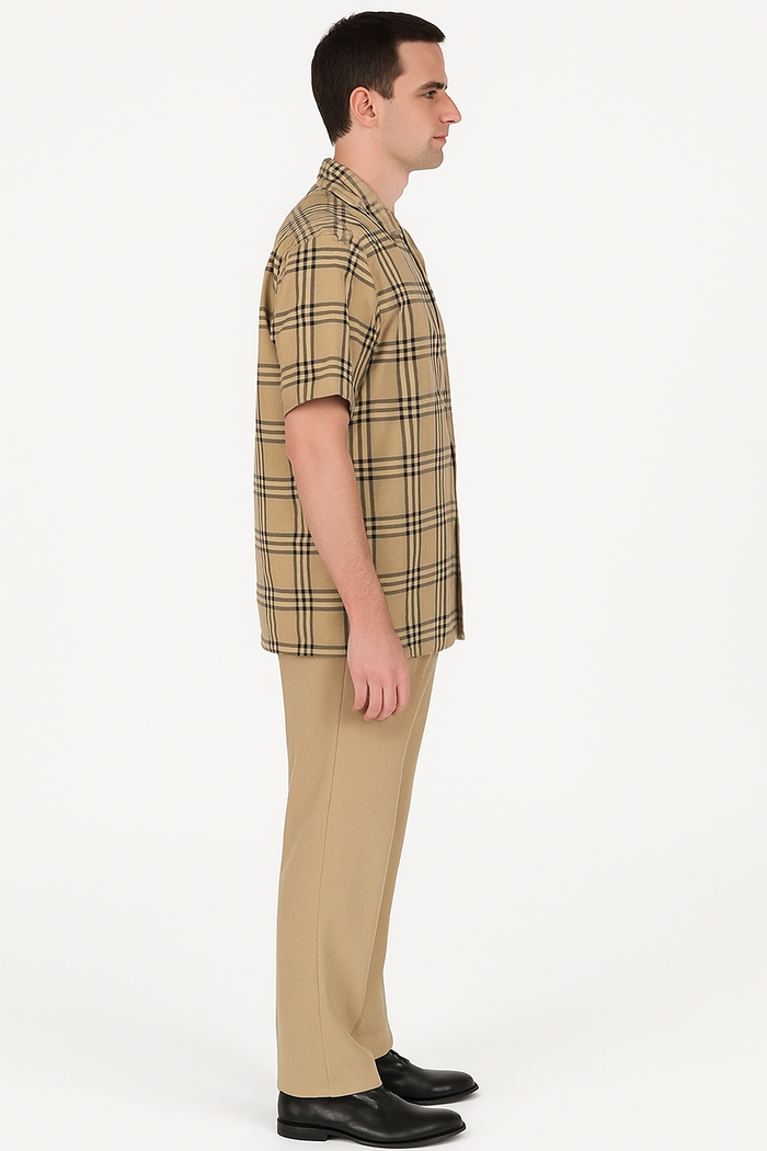 Classic Beige Plaid Short Sleeve Button-Up Shirt for Men