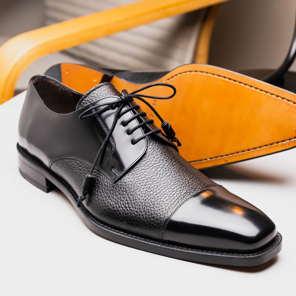 Mezlan Soka Calfskin & Deerskin Cap Toe Shoes Black (15089)