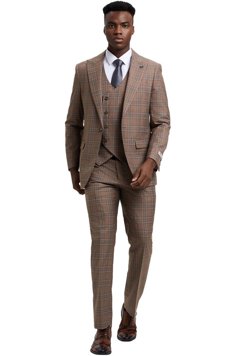 Men's Stacy Adams One Button Peak Lapel Double Breasted Vest Suit in Light Brown Plaid