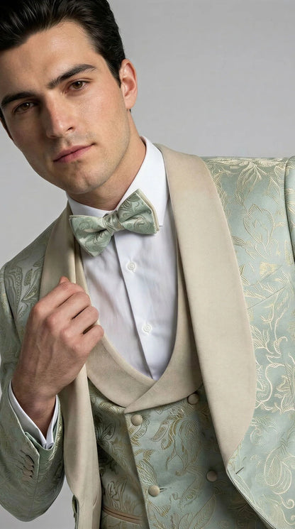 Men's Sage Floral Shawl Lapel Tuxedo Set for Wedding & Prom