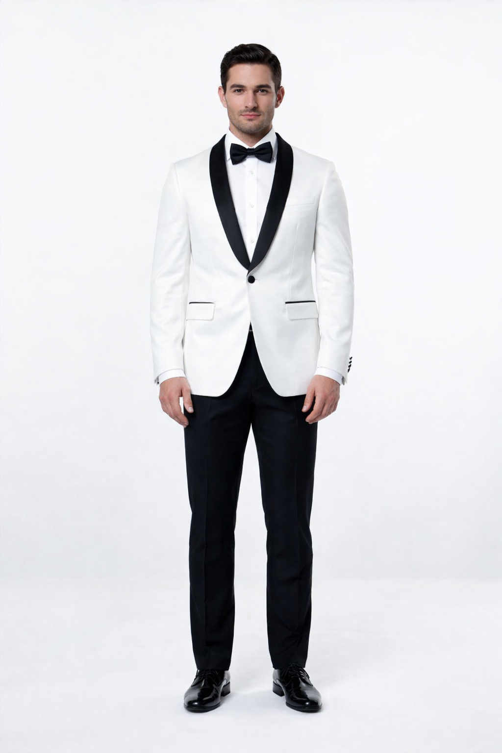 Mens 1 Button Shawl Lapel Dinner Jacket in White with Black Lapels