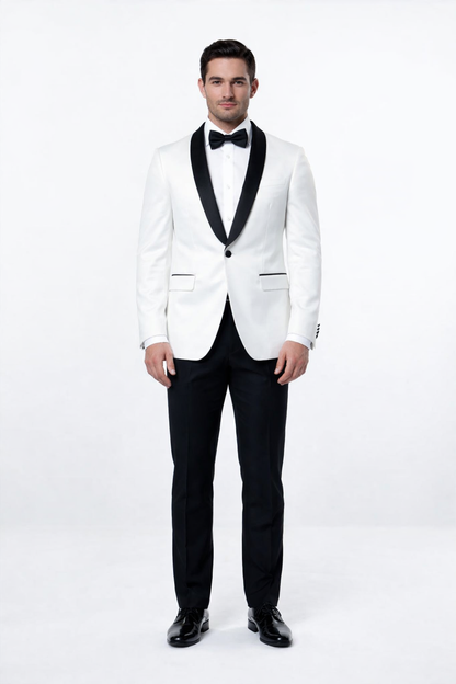 Mens 1 Button Shawl Lapel Dinner Jacket in White with Black Lapels