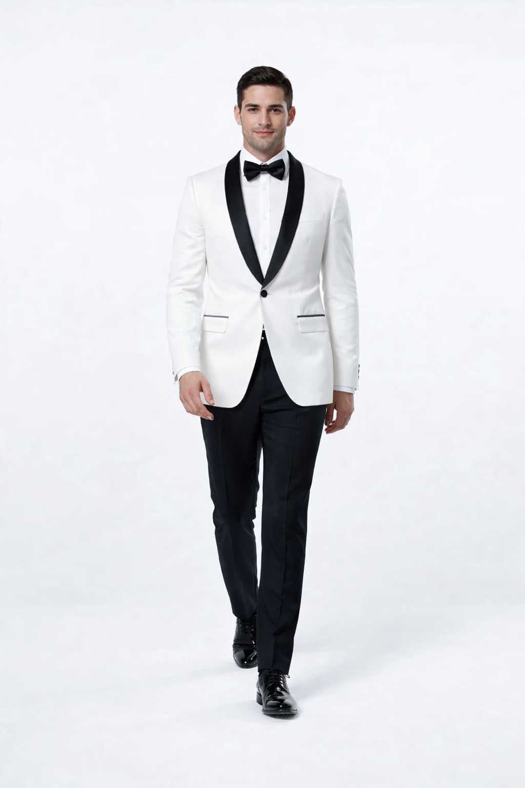 Mens 1 Button Shawl Lapel Dinner Jacket in White with Black Lapels