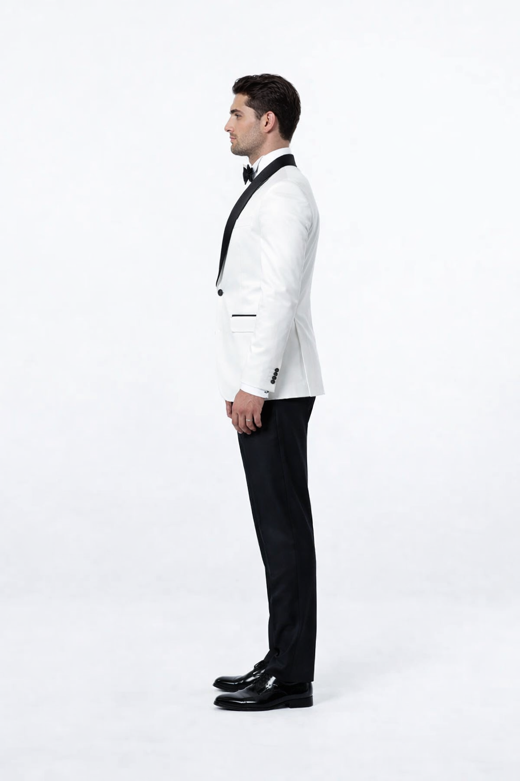 Mens 1 Button Shawl Lapel Dinner Jacket in White with Black Lapels