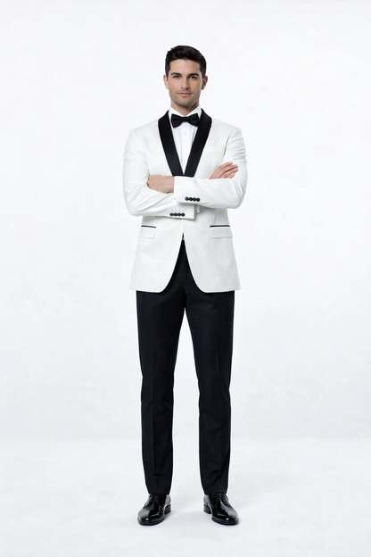 Mens 1 Button Shawl Lapel Dinner Jacket in White with Black Lapels