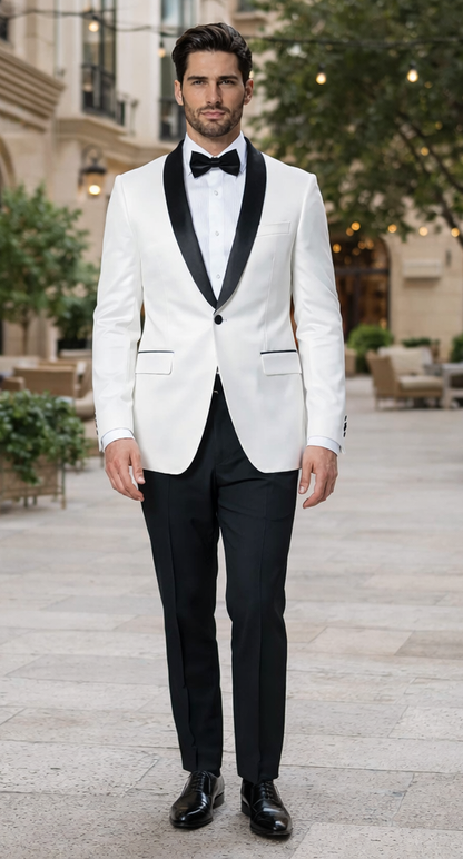 Mens 1 Button Shawl Lapel Dinner Jacket in White with Black Lapels
