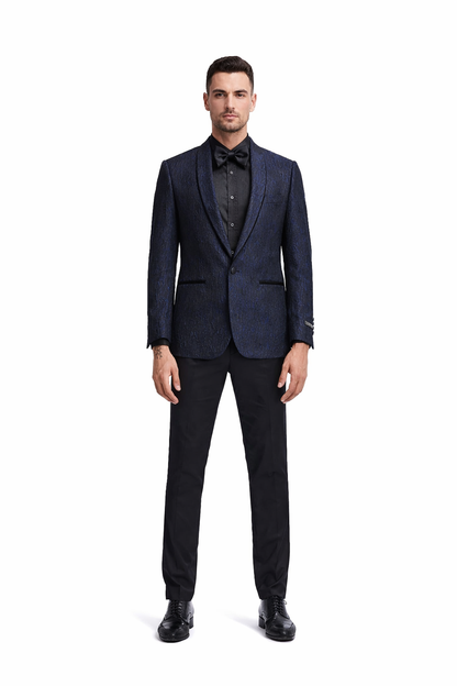 Mens Slim Fit Paisley Shawl Lapel Prom Dinner Jacket Tuxedo Blazer in Navy Blue