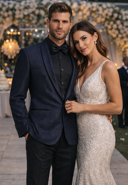 Mens Slim Fit Paisley Shawl Lapel Prom Dinner Jacket Tuxedo Blazer in Navy Blue