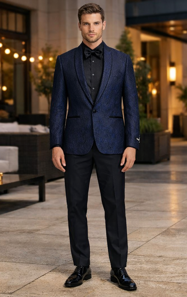 Mens Slim Fit Paisley Shawl Lapel Prom Dinner Jacket Tuxedo Blazer in Navy Blue