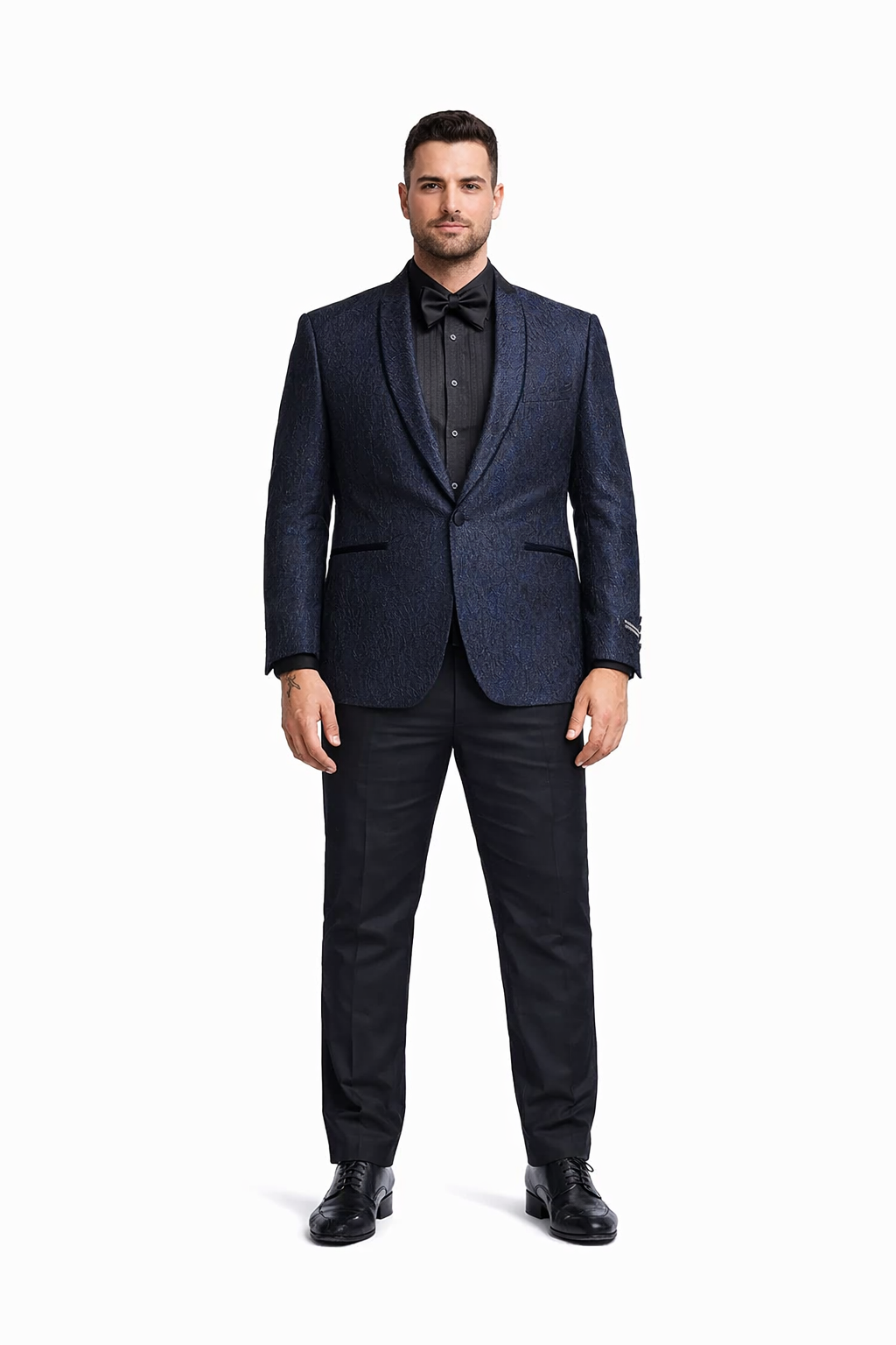 Mens Slim Fit Paisley Shawl Lapel Prom Dinner Jacket Tuxedo Blazer in Navy Blue