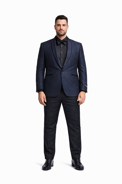 Mens Slim Fit Paisley Shawl Lapel Prom Dinner Jacket Tuxedo Blazer in Navy Blue