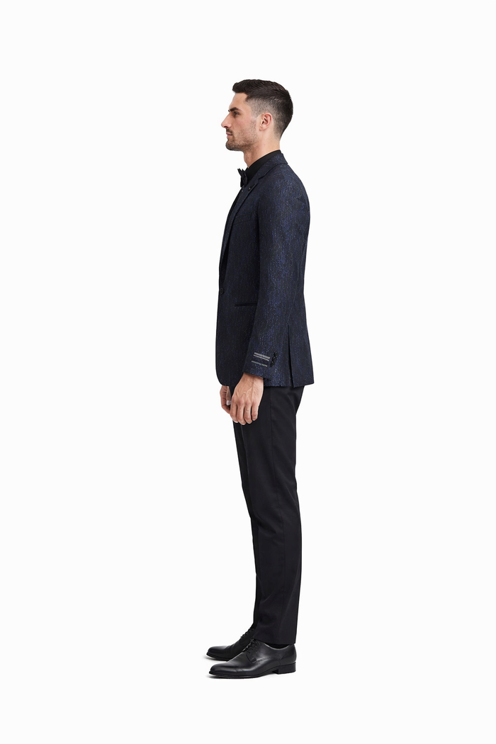Mens Slim Fit Paisley Shawl Lapel Prom Dinner Jacket Tuxedo Blazer in Navy Blue