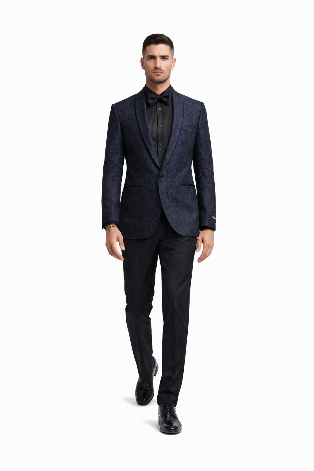 Mens Slim Fit Paisley Shawl Lapel Prom Dinner Jacket Tuxedo Blazer in Navy Blue