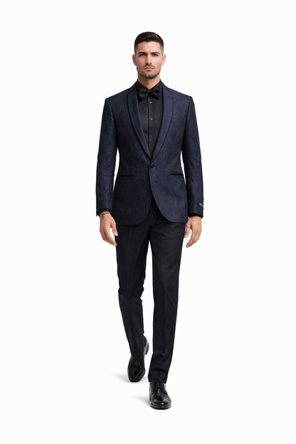 Mens Slim Fit Paisley Shawl Lapel Prom Dinner Jacket Tuxedo Blazer in Navy Blue