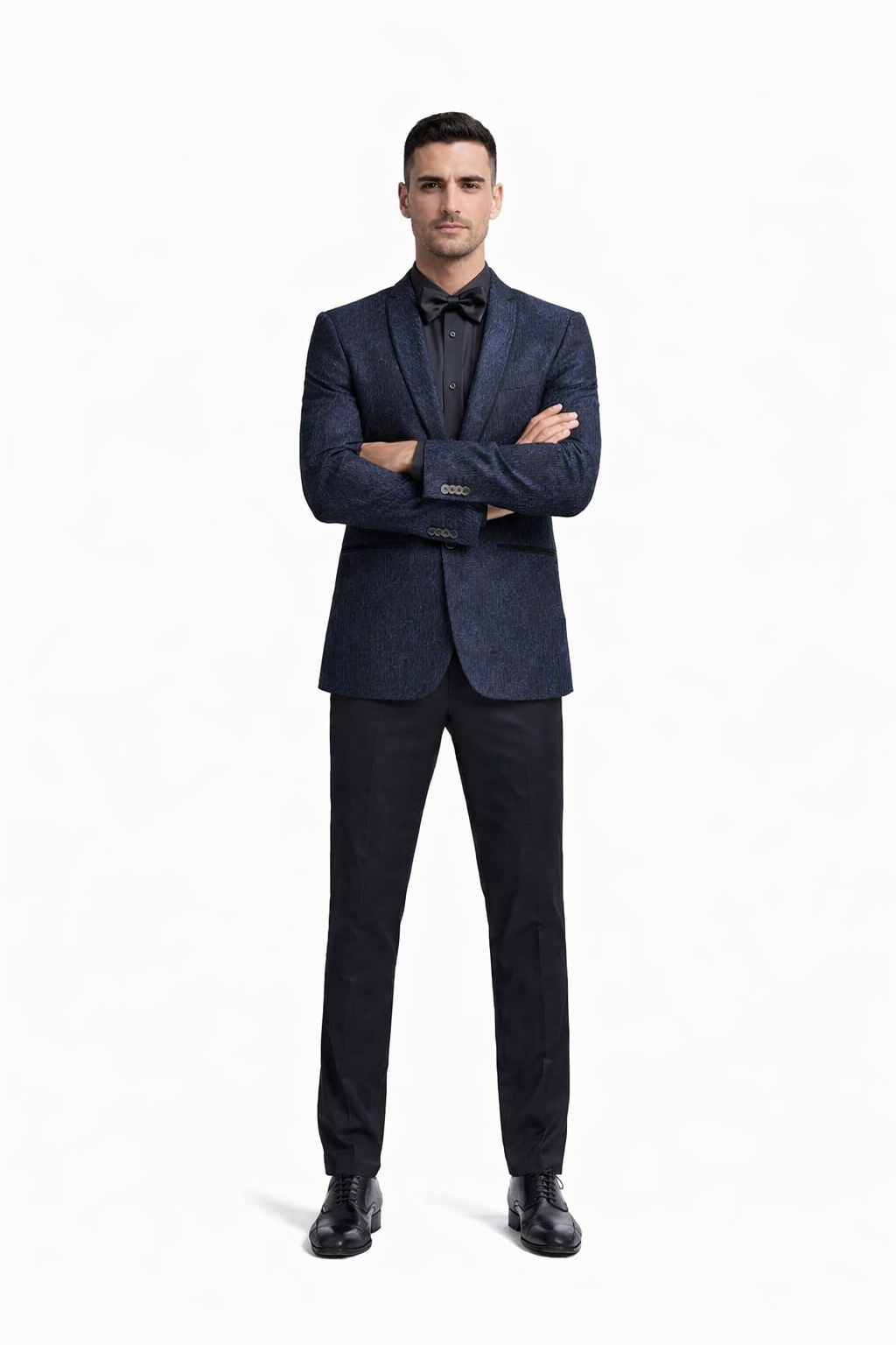 Mens Slim Fit Paisley Shawl Lapel Prom Dinner Jacket Tuxedo Blazer in Navy Blue