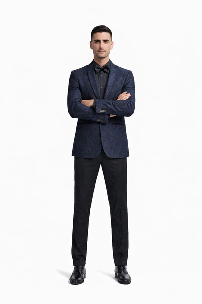 Mens Slim Fit Paisley Shawl Lapel Prom Dinner Jacket Tuxedo Blazer in Navy Blue
