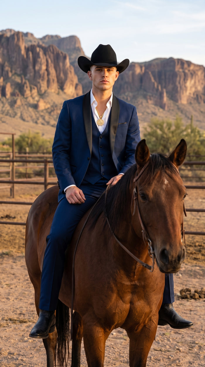 Men’s Sapphire Indigo Western Tuxedo Suit – Cobalt Blue Cowboy Formal Suit with Black Shawl Collar, Vest & Pants