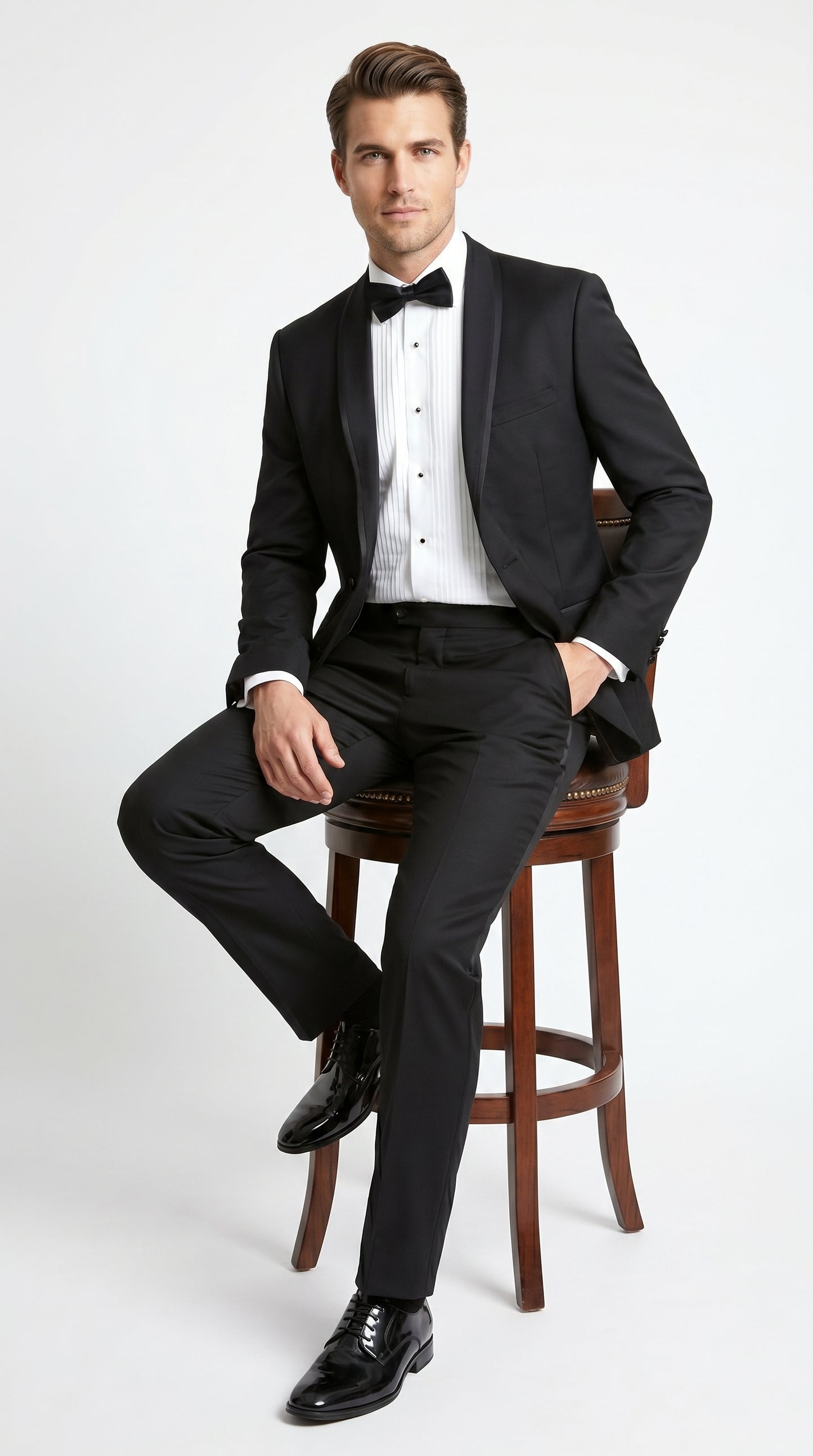 Men’s Black 1 Button Shawl Tuxedo with Black Satin Trim, Formal Wedding Dinner Suit