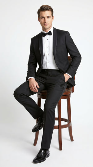 Men’s Black 1 Button Shawl Tuxedo with Black Satin Trim, Formal Wedding Dinner Suit