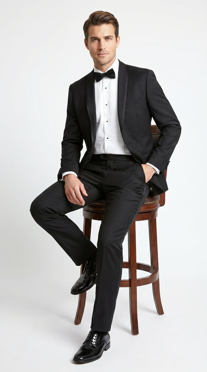Men’s Black 1 Button Shawl Tuxedo with Black Satin Trim, Formal Wedding Dinner Suit