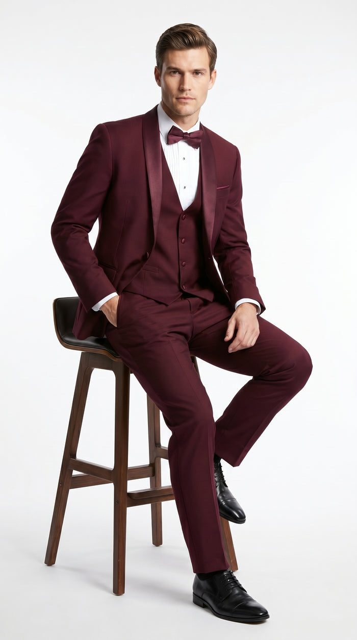 Men’s Burgundy Wool Vested Shawl Prom Tuxedo with One Button Jacket and Matching Pants