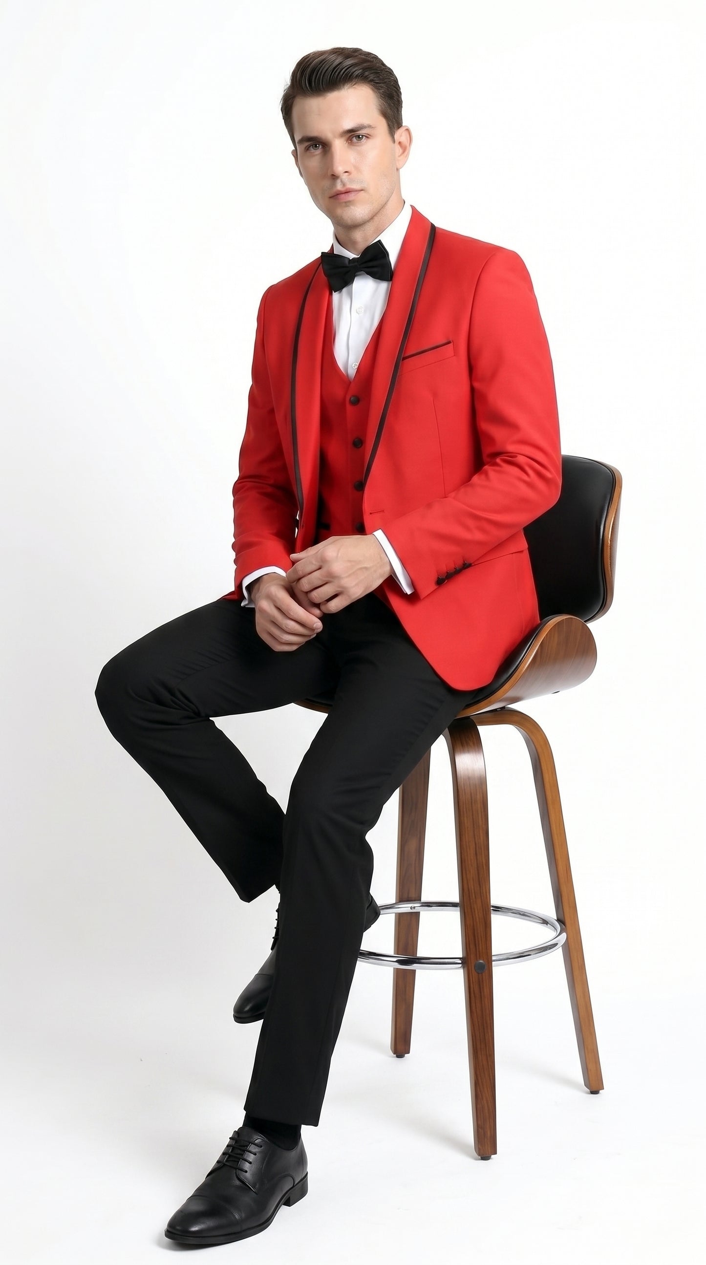 Men’s Red and Black One Button Shawl Tuxedo with Satin Trim, Formal Wedding Prom Dinner Suit