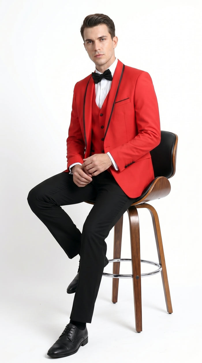 Men’s Red and Black One Button Shawl Tuxedo with Satin Trim, Formal Wedding Prom Dinner Suit