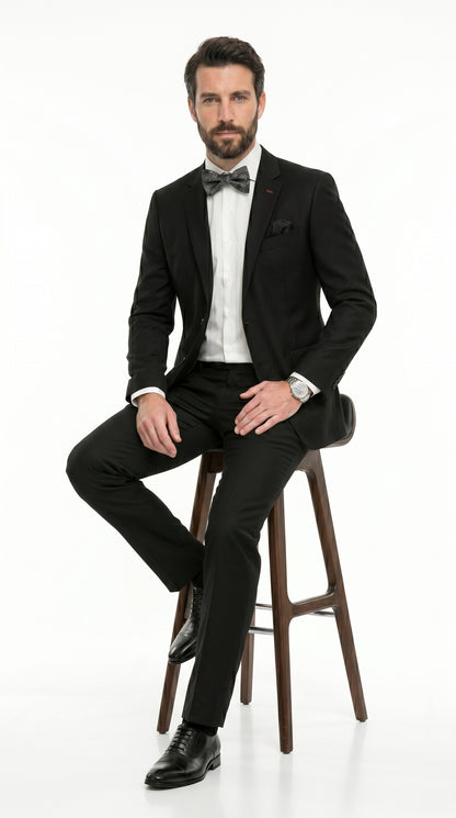 Statement Men’s 100% Wool 2 Piece Italian Made Suit, Subtle Texture Business Formal Suit in Black and Navy