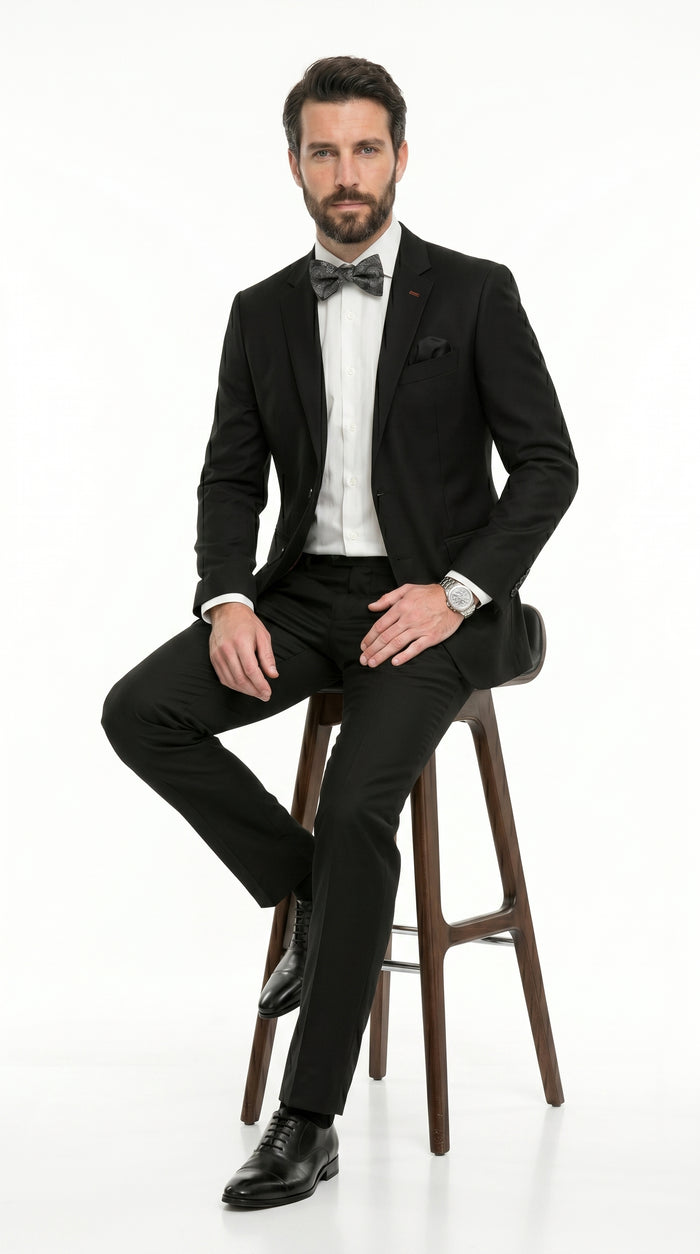 Statement Men’s 100% Wool 2 Piece Italian Made Suit, Subtle Texture Business Formal Suit in Black and Navy