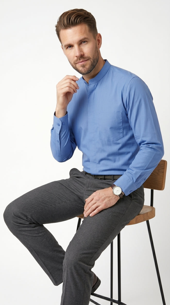 Men’s Cotton Blend Mandarin Collar Shirt, Banded Collar Dress Shirt in Yellow, Lavender, Khaki, Red, Grey, Pink, Mustard, Light Blue, Cream, French Blue, Olive, White, Brown, Purple and Green